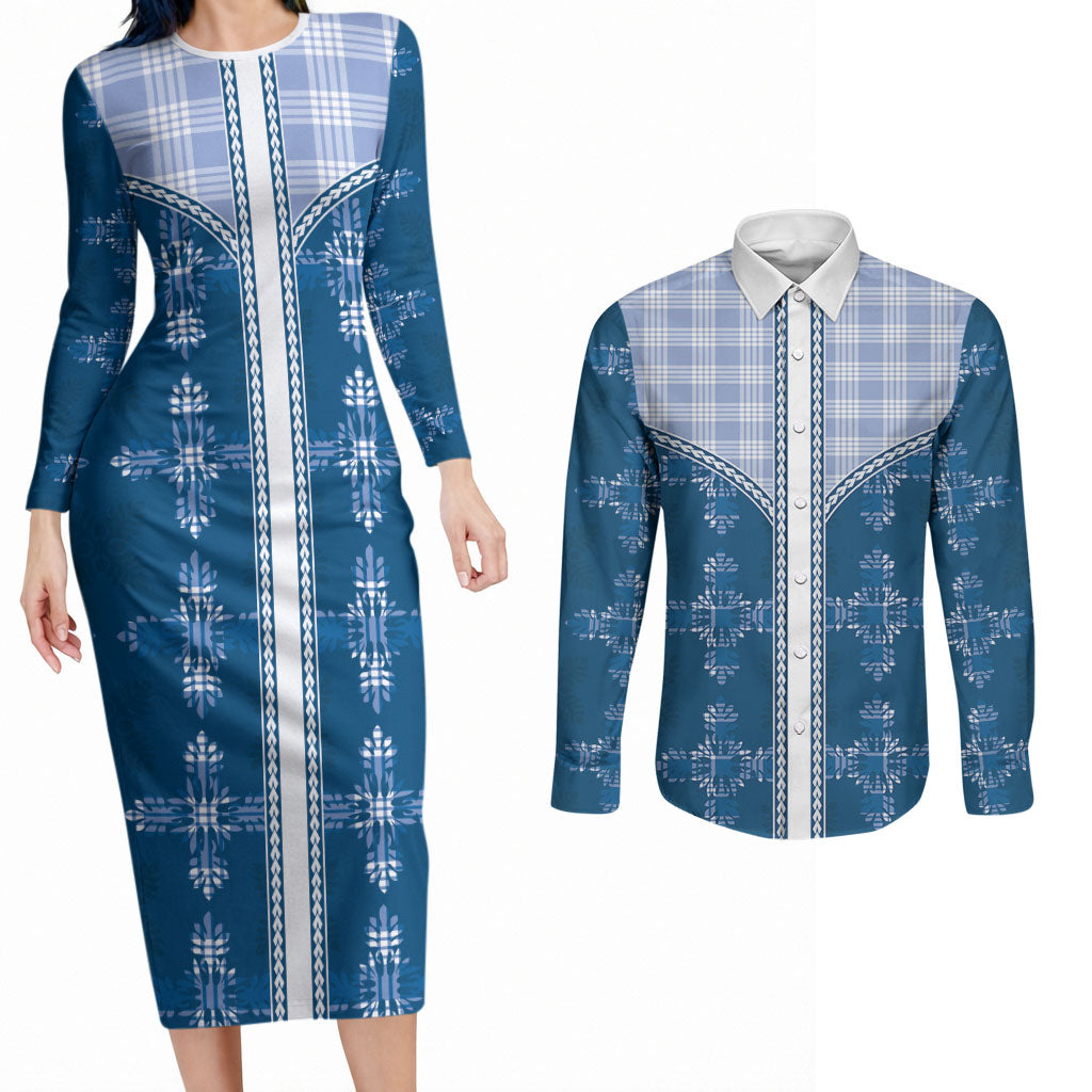 Blue Hawaii Paniolo Quilt Motif Couples Matching Long Sleeve Bodycon Dress and Long Sleeve Button Shirt LT05 Blue - Polynesian Pride