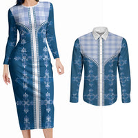 Blue Hawaii Paniolo Quilt Motif Couples Matching Long Sleeve Bodycon Dress and Long Sleeve Button Shirt LT05 Blue - Polynesian Pride
