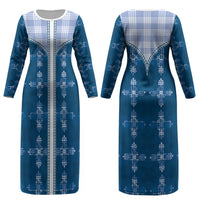 Blue Hawaii Paniolo Quilt Motif Couples Matching Long Sleeve Bodycon Dress and Long Sleeve Button Shirt LT05 - Polynesian Pride