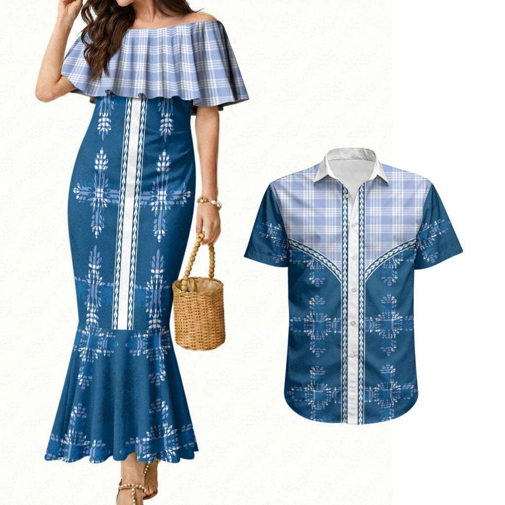 Blue Hawaii Paniolo Quilt Motif Couples Matching Mermaid Dress and Hawaiian Shirt LT05 Blue - Polynesian Pride