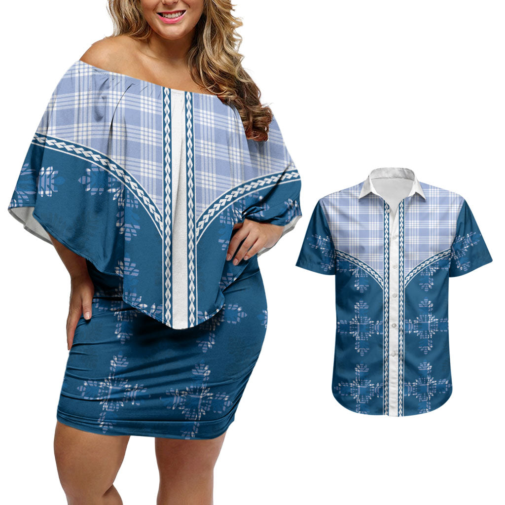 Blue Hawaii Paniolo Quilt Motif Couples Matching Off Shoulder Short Dress and Hawaiian Shirt LT05 Blue - Polynesian Pride