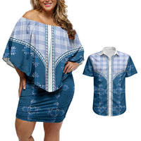 Blue Hawaii Paniolo Quilt Motif Couples Matching Off Shoulder Short Dress and Hawaiian Shirt LT05 Blue - Polynesian Pride