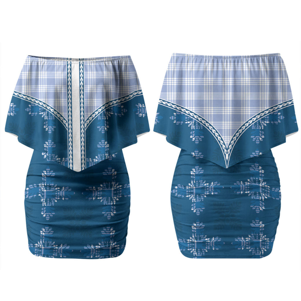 Blue Hawaii Paniolo Quilt Motif Couples Matching Off Shoulder Short Dress and Hawaiian Shirt LT05 - Polynesian Pride