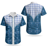 Blue Hawaii Paniolo Quilt Motif Couples Matching Off Shoulder Short Dress and Hawaiian Shirt LT05 - Polynesian Pride
