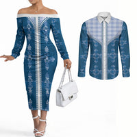 Blue Hawaii Paniolo Quilt Motif Couples Matching Off The Shoulder Long Sleeve Dress and Long Sleeve Button Shirt LT05 Blue - Polynesian Pride
