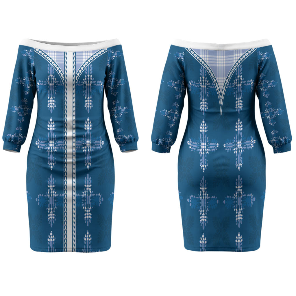 Blue Hawaii Paniolo Quilt Motif Couples Matching Off The Shoulder Long Sleeve Dress and Long Sleeve Button Shirt LT05 - Polynesian Pride