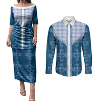 Blue Hawaii Paniolo Quilt Motif Couples Matching Puletasi and Long Sleeve Button Shirt LT05 Blue - Polynesian Pride
