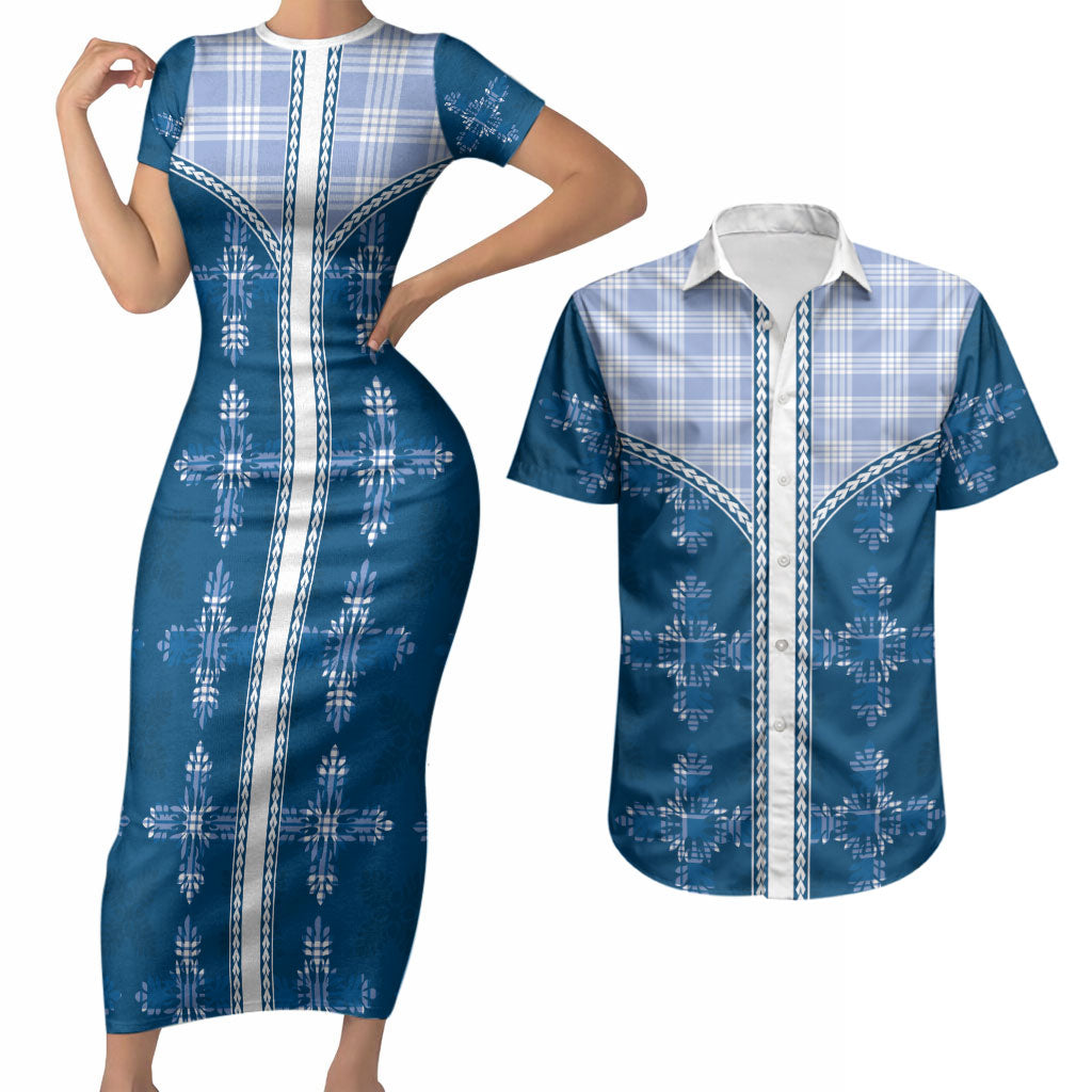 Blue Hawaii Paniolo Quilt Motif Couples Matching Short Sleeve Bodycon Dress and Hawaiian Shirt LT05 Blue - Polynesian Pride