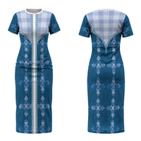 Blue Hawaii Paniolo Quilt Motif Couples Matching Short Sleeve Bodycon Dress and Hawaiian Shirt LT05 - Polynesian Pride