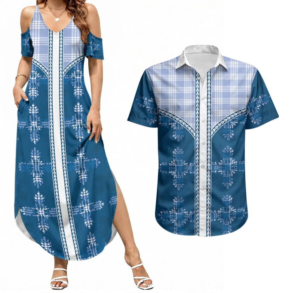 Blue Hawaii Paniolo Quilt Motif Couples Matching Summer Maxi Dress and Hawaiian Shirt LT05 Blue - Polynesian Pride