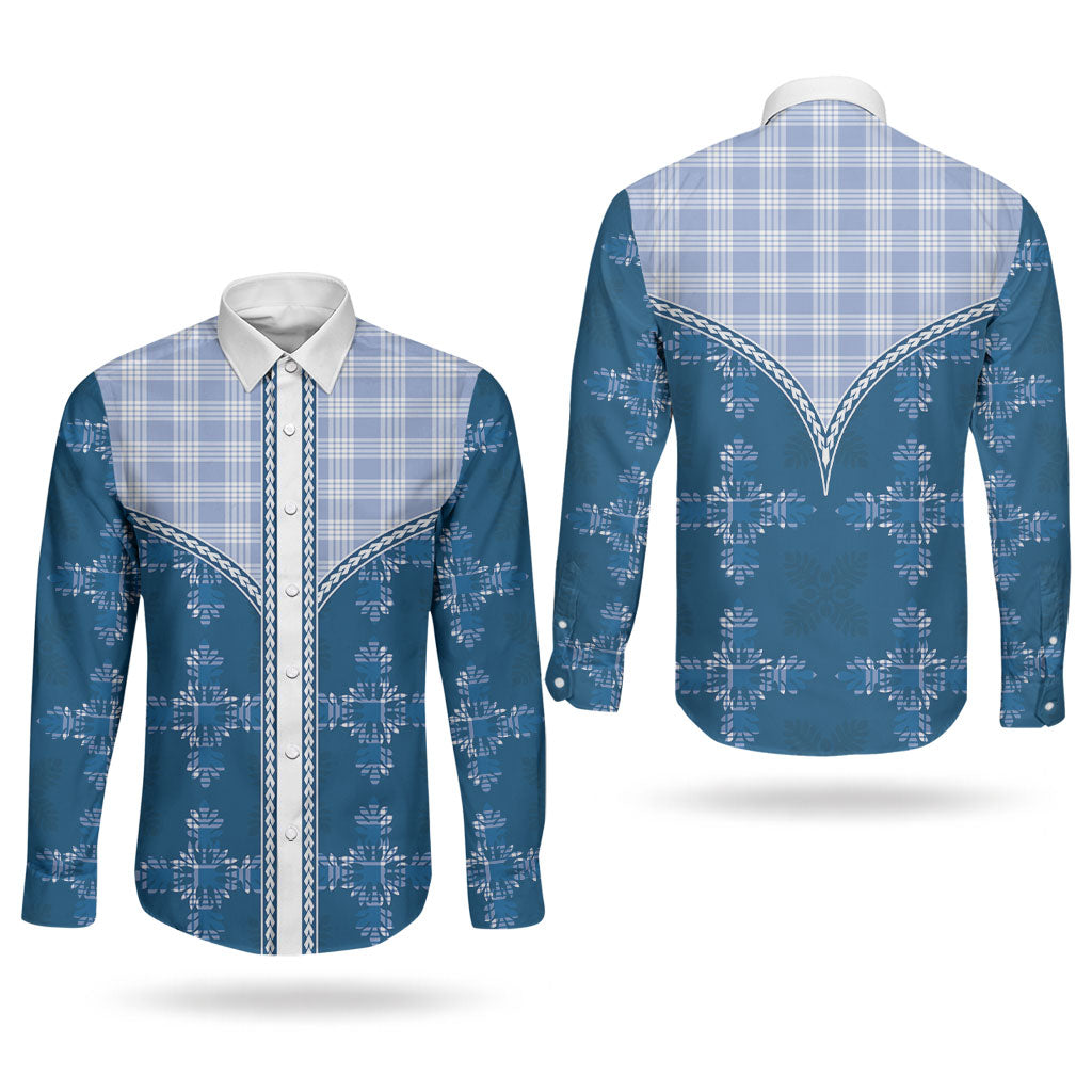 Blue Hawaii Paniolo Quilt Motif Couples Matching Tank Maxi Dress and Long Sleeve Button Shirt LT05 - Polynesian Pride