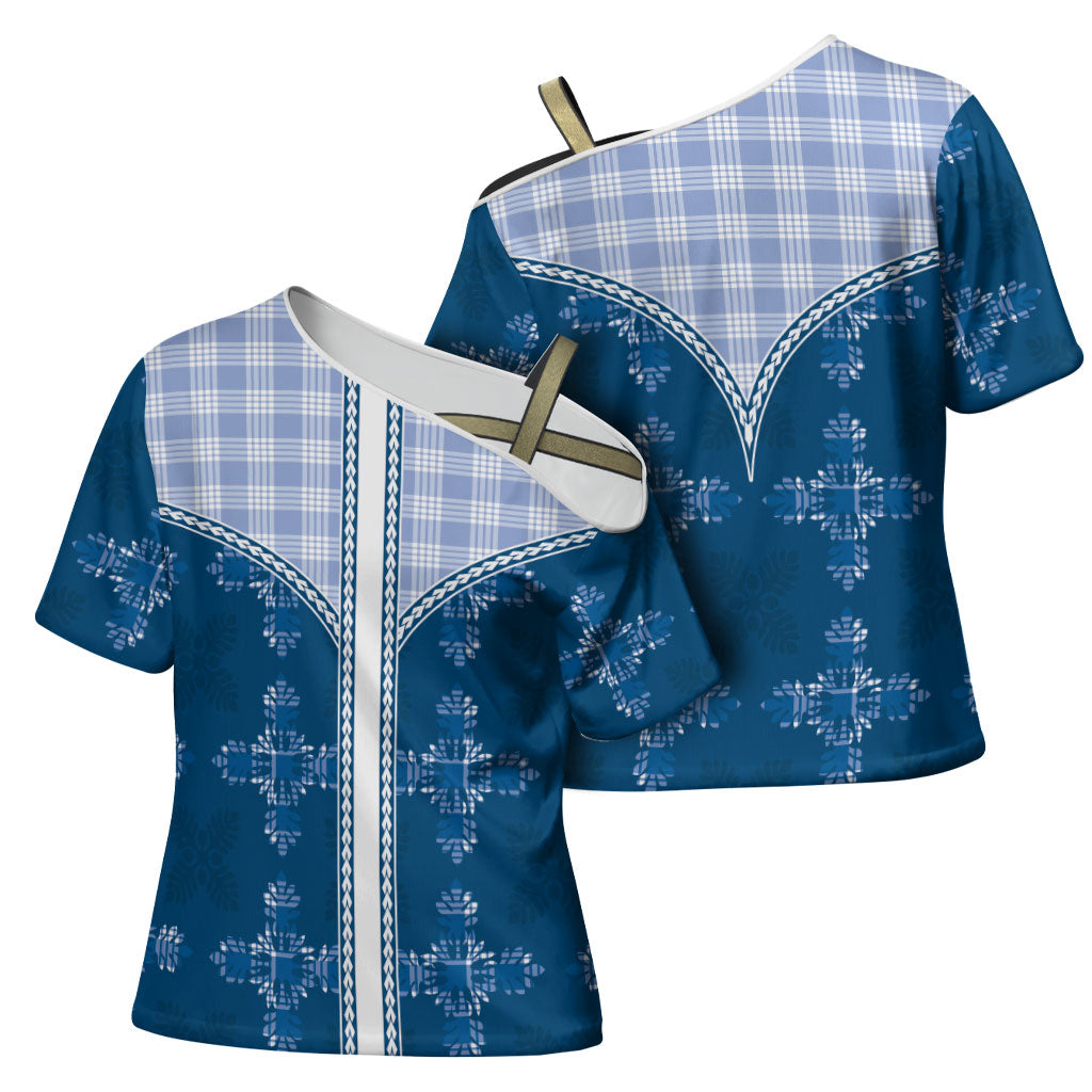 Blue Hawaii Paniolo Quilt Motif Cross Shoulder Shirt LT05 - Polynesian Pride