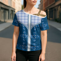 Blue Hawaii Paniolo Quilt Motif Cross Shoulder Shirt LT05 - Polynesian Pride