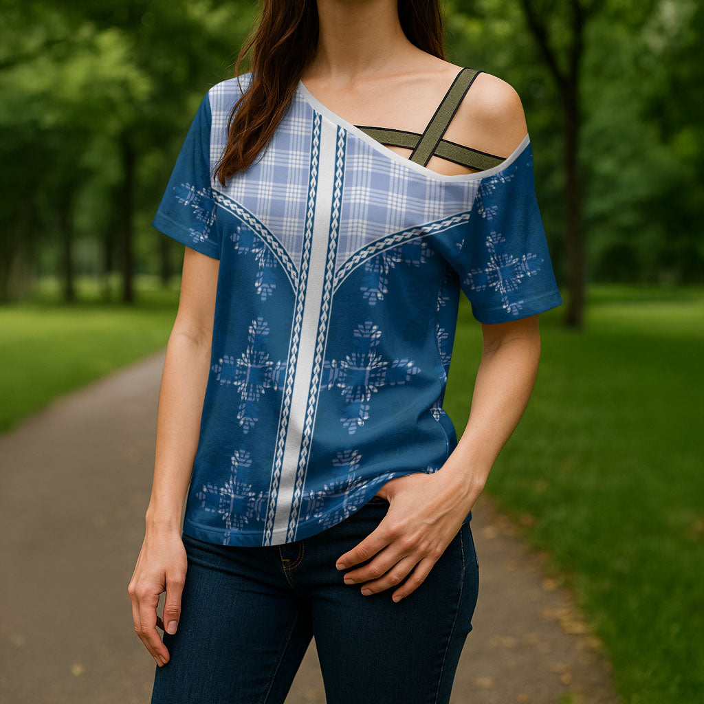 Blue Hawaii Paniolo Quilt Motif Cross Shoulder Shirt LT05 - Polynesian Pride