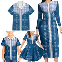 Blue Hawaii Paniolo Quilt Motif Family Matching Long Sleeve Bodycon Dress and Hawaiian Shirt LT05 - Polynesian Pride