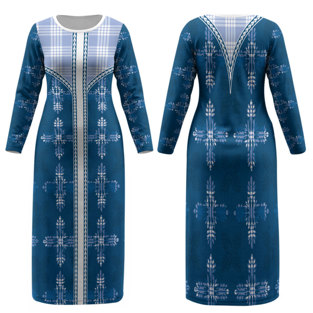 Blue Hawaii Paniolo Quilt Motif Family Matching Long Sleeve Bodycon Dress and Hawaiian Shirt LT05 Mom's Dress Blue - Polynesian Pride