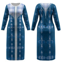 Blue Hawaii Paniolo Quilt Motif Family Matching Long Sleeve Bodycon Dress and Hawaiian Shirt LT05 Mom's Dress Blue - Polynesian Pride