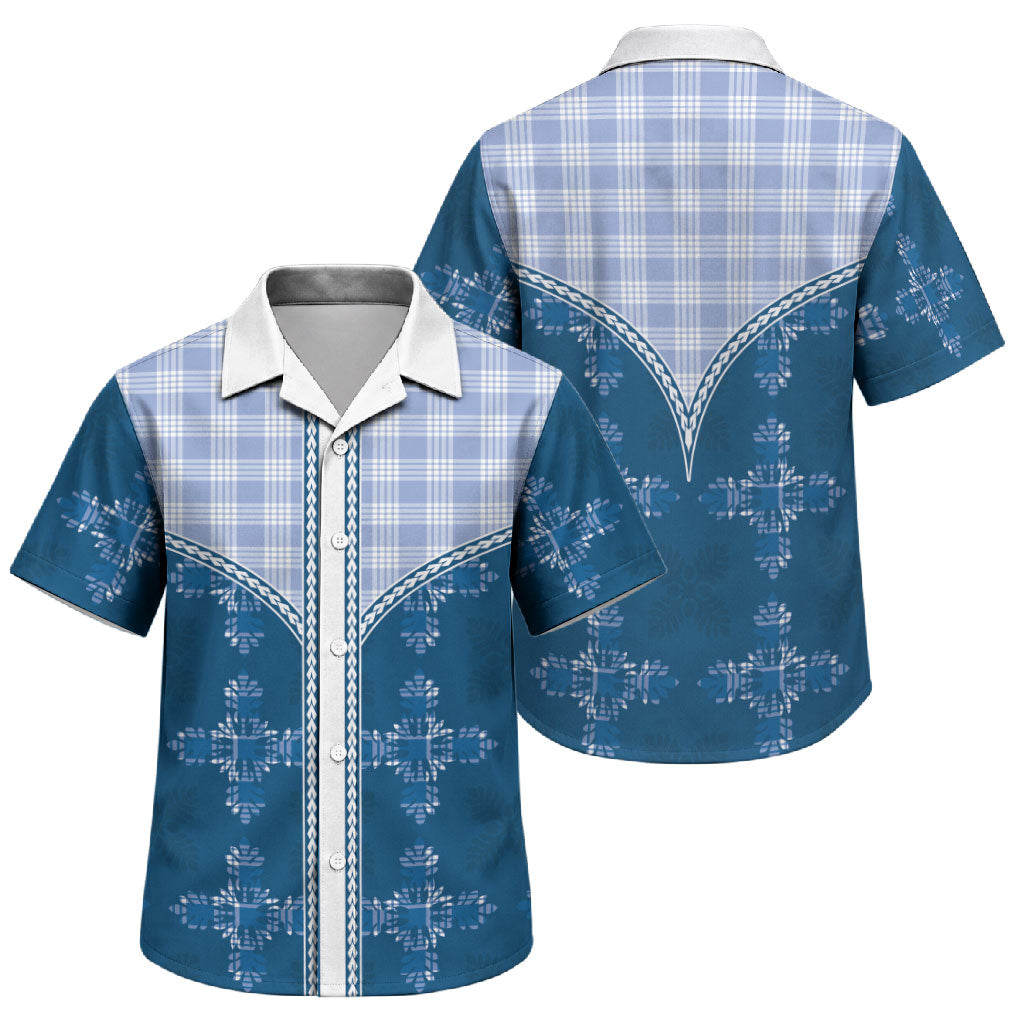 Blue Hawaii Paniolo Quilt Motif Family Matching Long Sleeve Bodycon Dress and Hawaiian Shirt LT05 Son's Shirt Blue - Polynesian Pride
