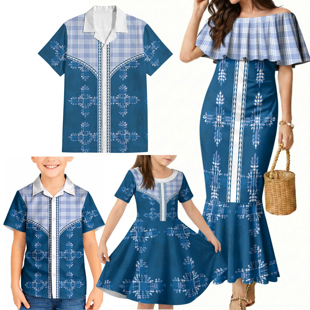 Blue Hawaii Paniolo Quilt Motif Family Matching Mermaid Dress and Hawaiian Shirt LT05 - Polynesian Pride