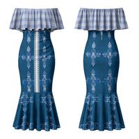 Blue Hawaii Paniolo Quilt Motif Family Matching Mermaid Dress and Hawaiian Shirt LT05 Mom's Dress Blue - Polynesian Pride