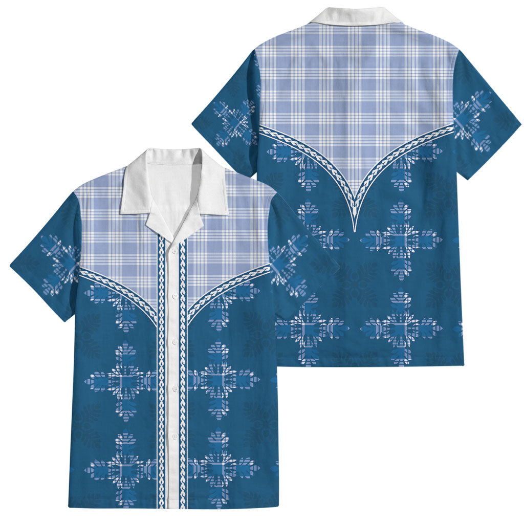 Blue Hawaii Paniolo Quilt Motif Family Matching Mermaid Dress and Hawaiian Shirt LT05 Dad's Shirt - Short Sleeve Blue - Polynesian Pride