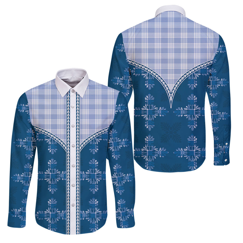 Blue Hawaii Paniolo Quilt Motif Family Matching Mermaid Dress and Hawaiian Shirt LT05 Dad's Shirt - Long Sleeve Blue - Polynesian Pride