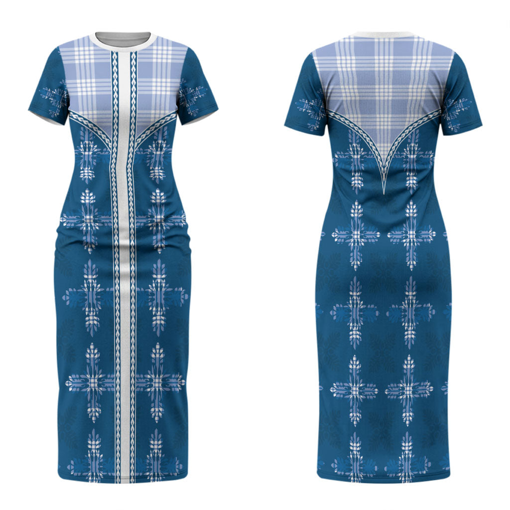 Blue Hawaii Paniolo Quilt Motif Family Matching Short Sleeve Bodycon Dress and Hawaiian Shirt LT05 Mom's Dress Blue - Polynesian Pride