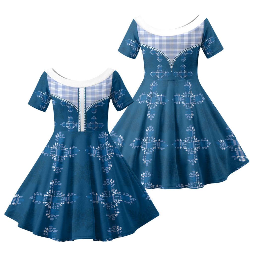 Blue Hawaii Paniolo Quilt Motif Family Matching Short Sleeve Bodycon Dress and Hawaiian Shirt LT05 Daughter's Dress Blue - Polynesian Pride