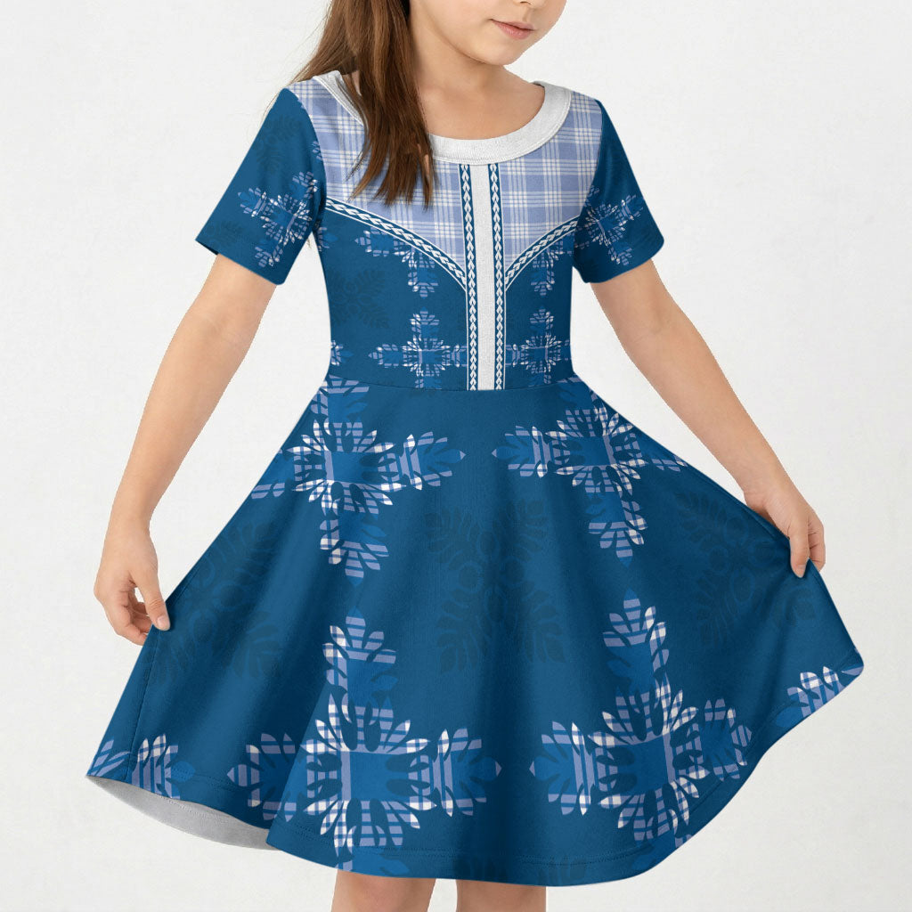 Blue Hawaii Paniolo Quilt Motif Kid Short Sleeve Dress LT05 KID Blue - Polynesian Pride