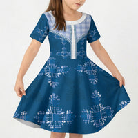 Blue Hawaii Paniolo Quilt Motif Kid Short Sleeve Dress LT05 KID Blue - Polynesian Pride