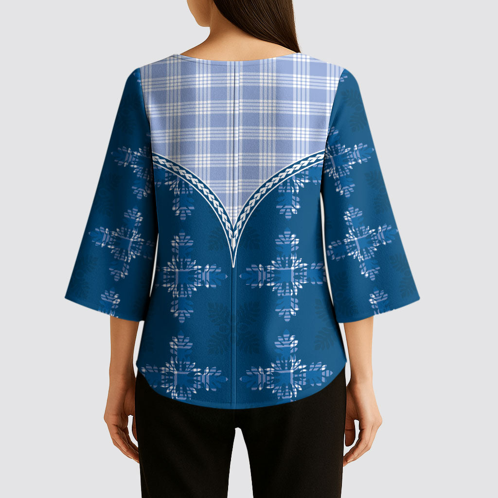 Blue Hawaii Paniolo Quilt Motif Kimono Sleeve Blouse LT05 - Polynesian Pride