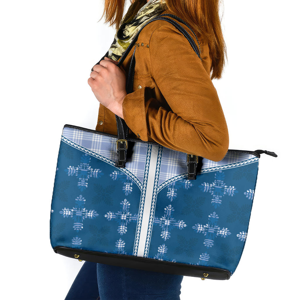 Blue Hawaii Paniolo Quilt Motif Leather Tote Bag LT05 Blue - Polynesian Pride