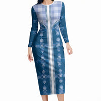 Blue Hawaii Paniolo Quilt Motif Long Sleeve Bodycon Dress LT05 Long Dress Blue - Polynesian Pride