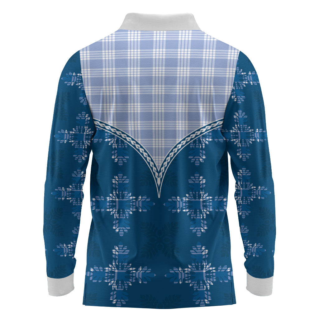 Blue Hawaii Paniolo Quilt Motif Long Sleeve Polo Shirt LT05 - Polynesian Pride