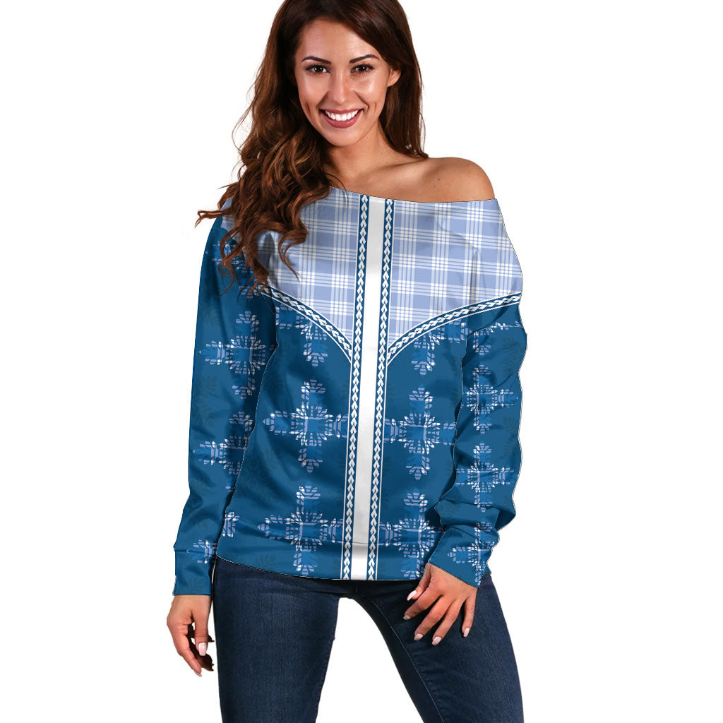 Blue Hawaii Paniolo Quilt Motif Off Shoulder Sweater LT05 Women Blue - Polynesian Pride