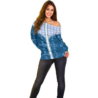 Blue Hawaii Paniolo Quilt Motif Off Shoulder Sweater LT05 - Polynesian Pride