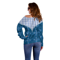 Blue Hawaii Paniolo Quilt Motif Off Shoulder Sweater LT05 - Polynesian Pride
