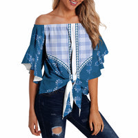 Blue Hawaii Paniolo Quilt Motif Off Shoulder Wrap Waist Top LT05 Blue - Polynesian Pride