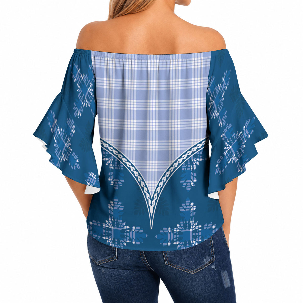 Blue Hawaii Paniolo Quilt Motif Off Shoulder Wrap Waist Top LT05 - Polynesian Pride