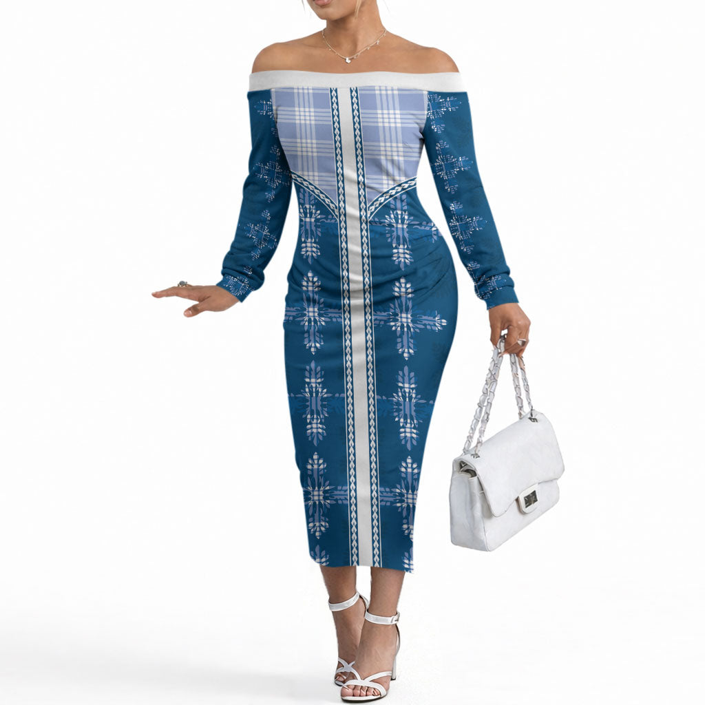 Blue Hawaii Paniolo Quilt Motif Off The Shoulder Long Sleeve Dress LT05 Women Blue - Polynesian Pride