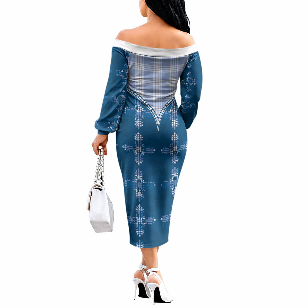 Blue Hawaii Paniolo Quilt Motif Off The Shoulder Long Sleeve Dress LT05 - Polynesian Pride