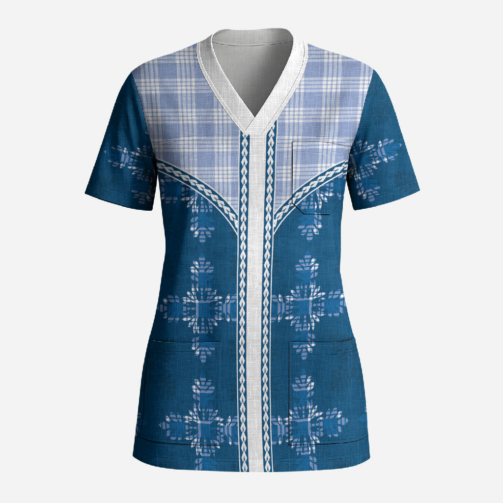 Blue Hawaii Paniolo Quilt Motif Scrub Top LT05 Adult Blue - Polynesian Pride