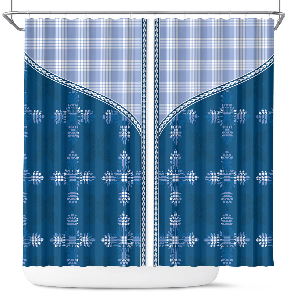 Blue Hawaii Paniolo Quilt Motif Shower Curtain LT05 Blue - Polynesian Pride