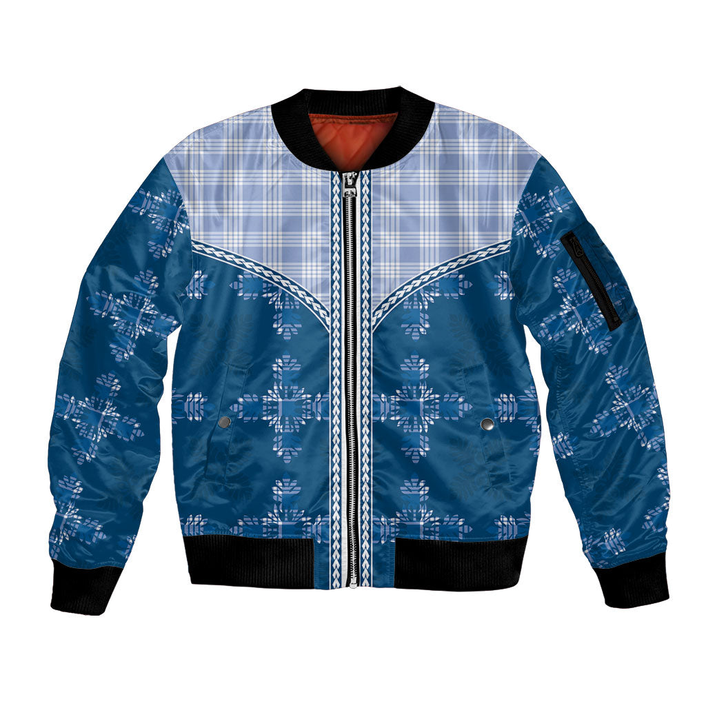 Blue Hawaii Paniolo Quilt Motif Sleeve Zip Bomber Jacket LT05 Unisex Blue - Polynesian Pride