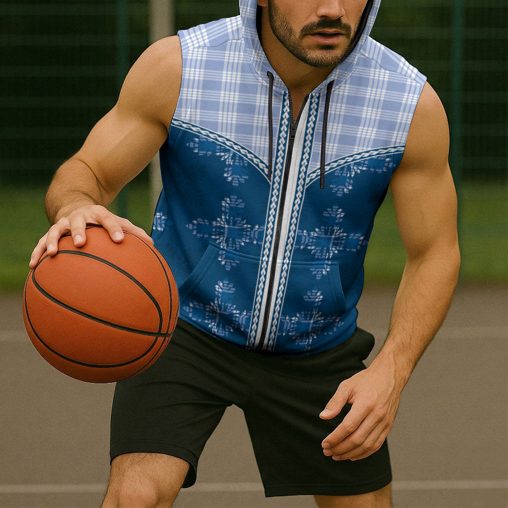 Blue Hawaii Paniolo Quilt Motif Sleeveless Zip Hoodie LT05 - Polynesian Pride