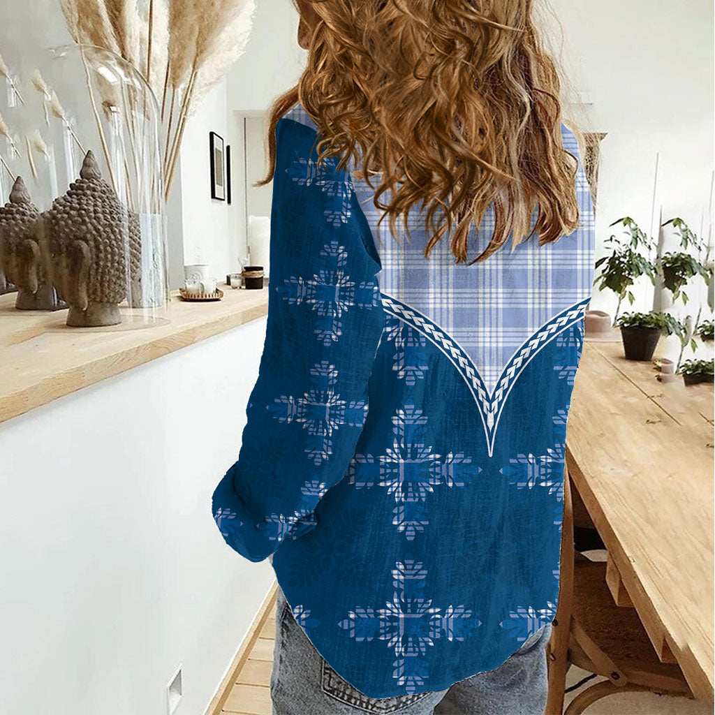 Blue Hawaii Paniolo Quilt Motif Women Casual Shirt LT05 - Polynesian Pride