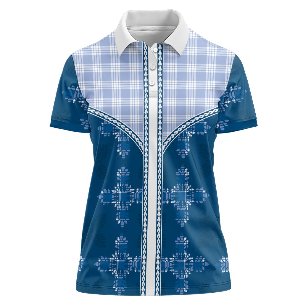 Blue Hawaii Paniolo Quilt Motif Women Polo Shirt LT05 Female Blue - Polynesian Pride
