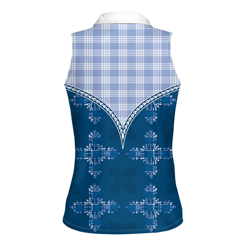 Blue Hawaii Paniolo Quilt Motif Women Sleeveless Polo Shirt LT05 - Polynesian Pride