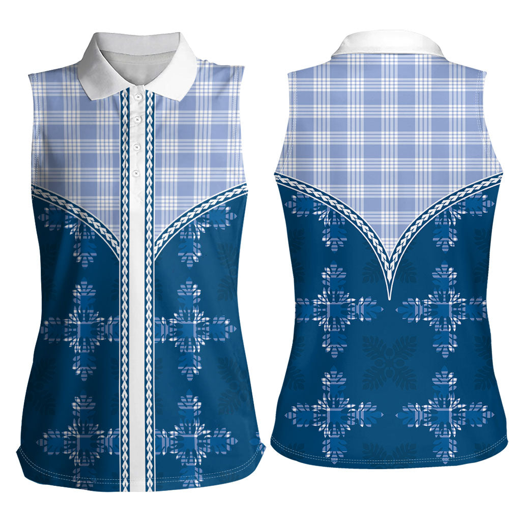 Blue Hawaii Paniolo Quilt Motif Women Sleeveless Polo Shirt LT05 - Polynesian Pride