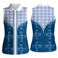 Blue Hawaii Paniolo Quilt Motif Women Sleeveless Polo Shirt LT05 - Polynesian Pride